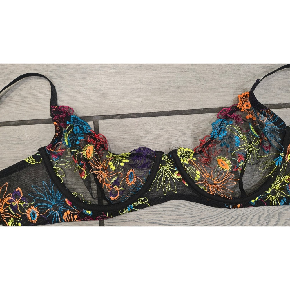 Neon Floral Embroidered Mesh Bra and Garter Belt Lingerie Set Black Underwire - Picture 3 of 5